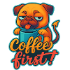Tired dog with coffee cup