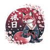  Kitsune Im Kimono Mit Kirschblüten Hanami