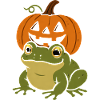 Green frog under Halloween pumpkin