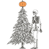 skeleton next to christmas tree