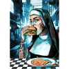 Neon nun bites burger in Cybercity