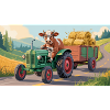 Ku på grønn traktor med høyvogn