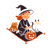 Witch on Halloween flight with pumpkin