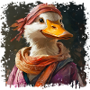 Anthropomorphe Ente mit buntem Schal