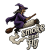 Witch on the broom flies high