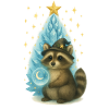 Magischer Waschbär vor Weihnachtsbaum