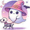 Pinker Hexen‑Geist mit Skelett‑Hund – Halloween