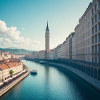 Clock Tower and European Urban Canal