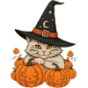 Whiskered Witch Among Pumpkins