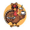 Cooler Thanksgiving-Truthahn mit Kuchen und Kaffee