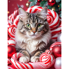 Christmas Cat between Candy Wreaths