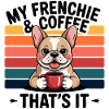 Coffee-drinking Frenchie with rainbow