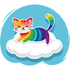 Motley cat floats on cloud (day)