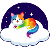 Motley cat floats on cloud (night)