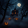 Maison hantée sous lune et citrouilles