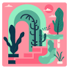 Abstrakte Gartenlandschaft in Pink Retro‑Stil
