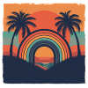 Retro Sunset with Rainbow & Palm Trees