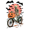 Skeleton on Bicycle with Pumpkin