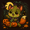 Little Halloween fox with pumpkins