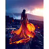 Fire-like dress on lava field