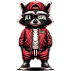 Raccoon in red bomber jacket