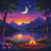 Moonlit Night at Mountain Lake Campfire