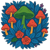 Mushroom circle of leaves and roses