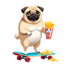 Pug on skateboard with fries
