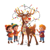 Reindeer with fairy lights and children