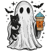 Halloween Ghost with Cat and Coffee