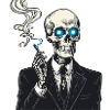 Skeleton in suit smoking cigar