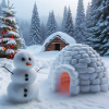 Winter landscape with snowman and igloo