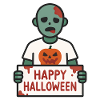 Scary zombie with Happy Halloween sign