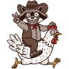 Crazy raccoon rides on crazy chicken