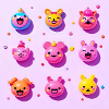 Glade Kawaii dyrefjes på lilla bakgrunn