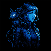 Neon hunter with cat companion