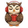Cuddly owl with headphones and coffee