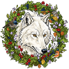 Weißer Waldwolf im Blumenkranz