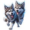 Two huskies with snow and icicles