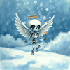 Skeleton angel with halo in clouds