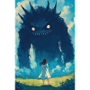 A girl faces a monster