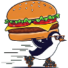 A cute penguin enjoying a cheeseburger.