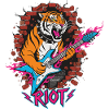 Tiger with guitar against rubble wall
