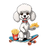 Poodle on skateboard with fries