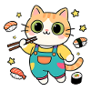 Bunte Sushi-Katze im Overall