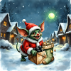 Christmas Elf Pushes Snowy Gift