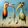Surreale Vogelgestalten am Strand