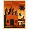 Sunset, church, palm trees and beach