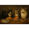 Vier Katzen beim Festmahl am Tisch