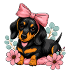 Teckel avec ruban rose et fleurs